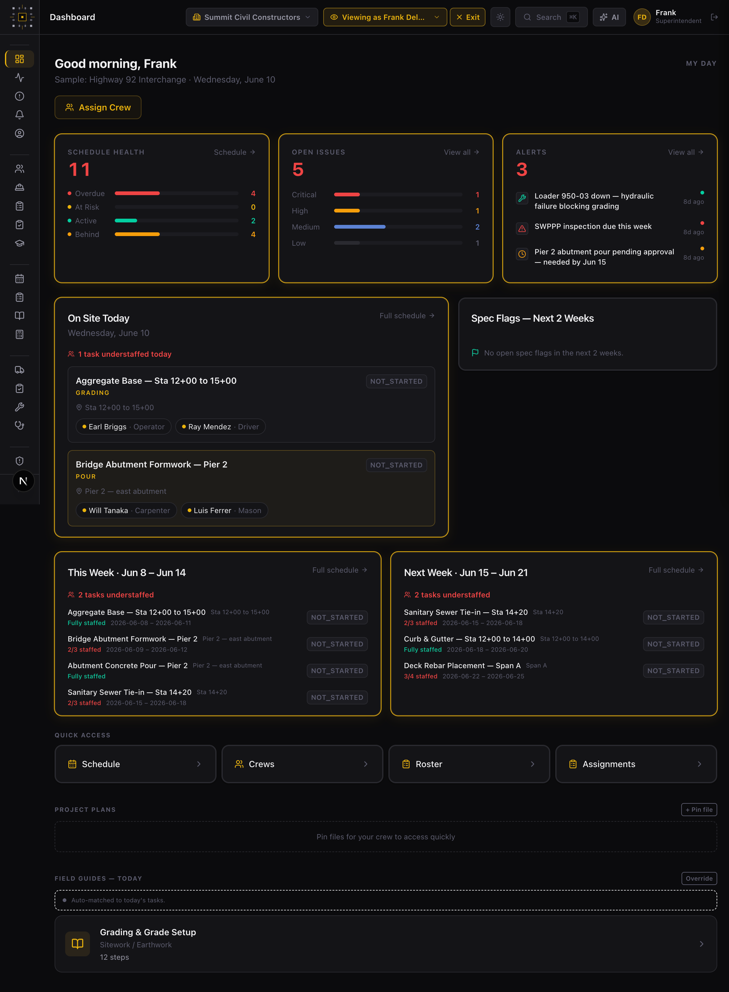 BedrockOS dashboard showing schedule health, open issues, alerts, today's crews on site, and the two-week look-ahead for the demo project