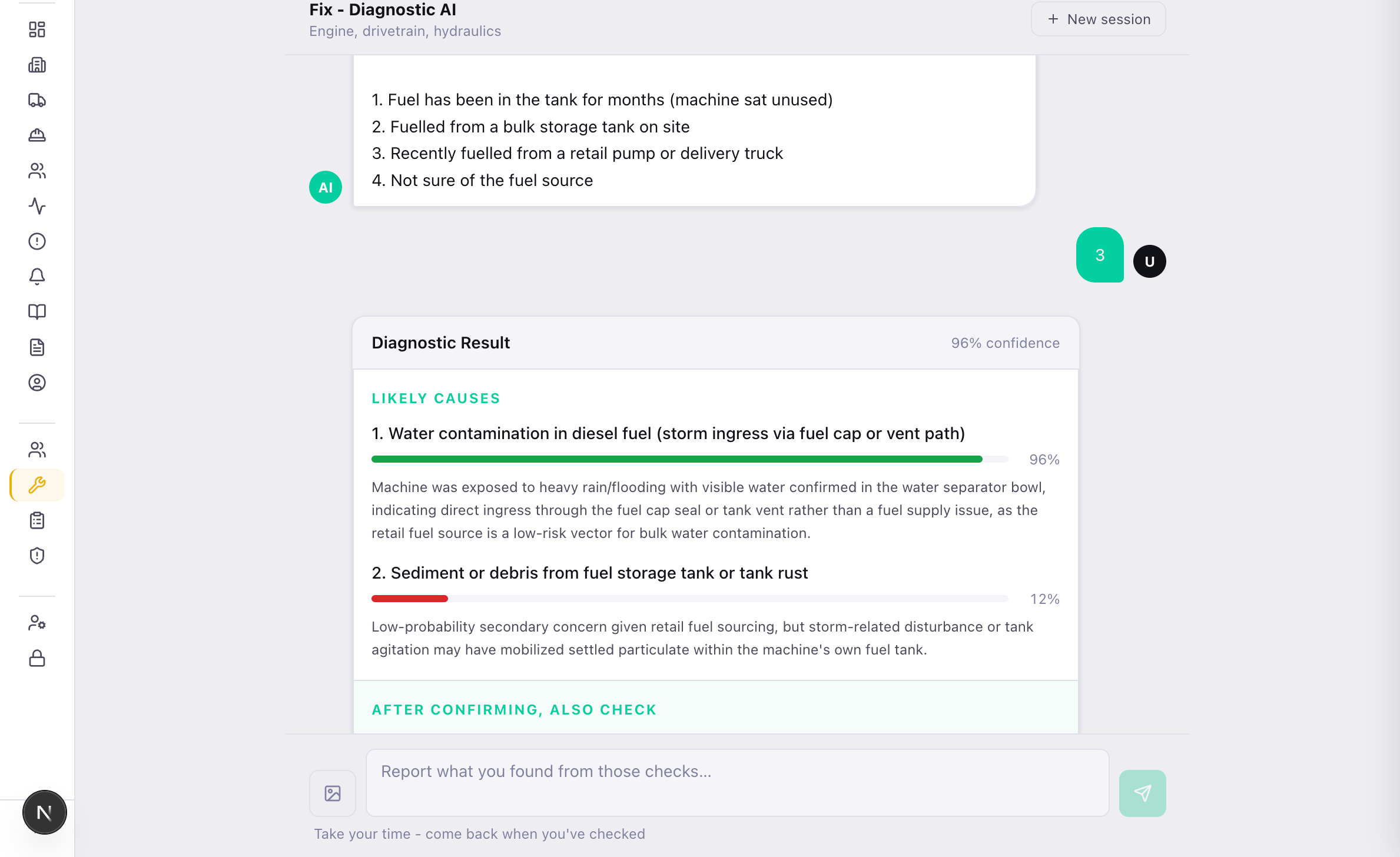 AI Mechanic — clarifying questions, then a ranked diagnostic result with confidence and likely causes