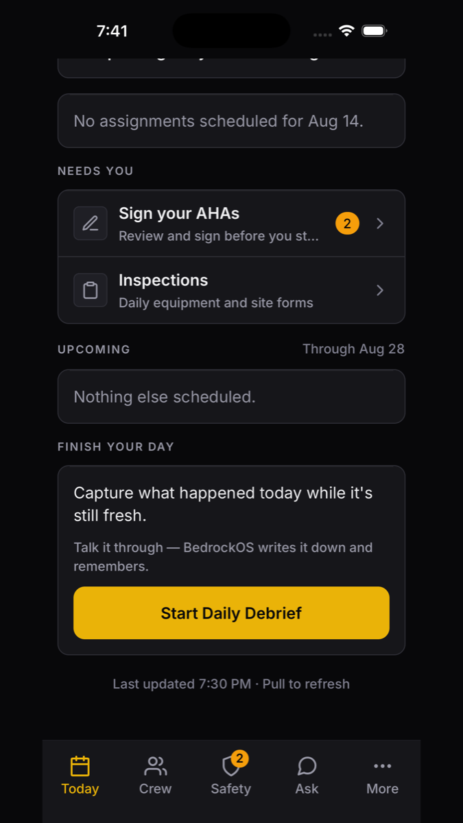 The BedrockOS iOS app showing today's shift, what's due before work starts, and the end-of-day debrief prompt